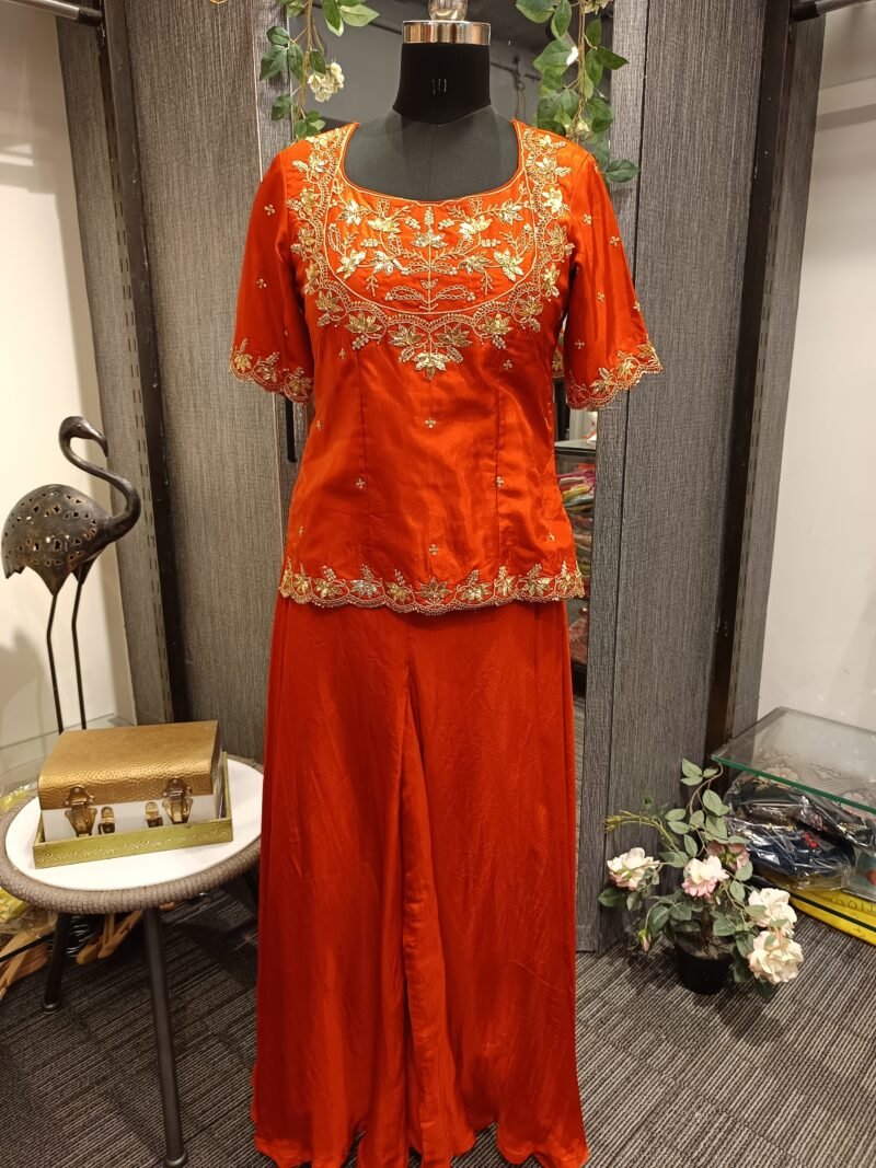Rust Orange Peplum Kurta with Golden Embroidery - Image 3